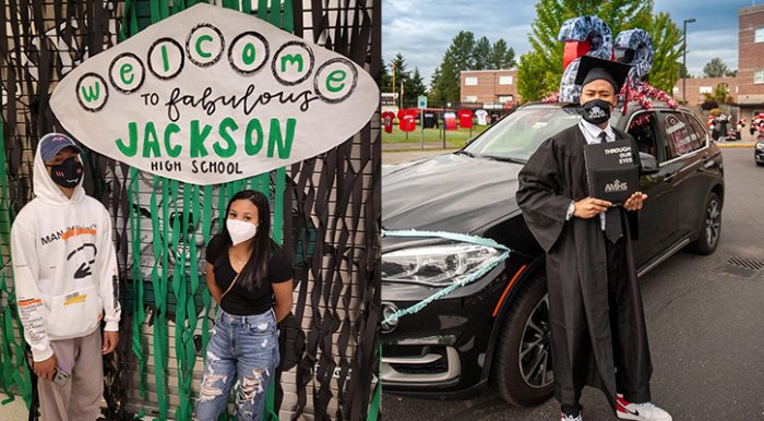 Maleea and Malachi at school (on left) and Malachi at graduation (on right).