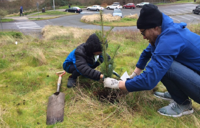 Dr. Boos and his son plant a tree