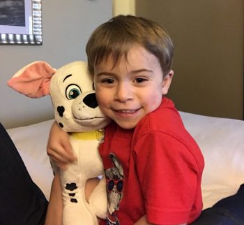 a boy cuddles his dog stuffed animal