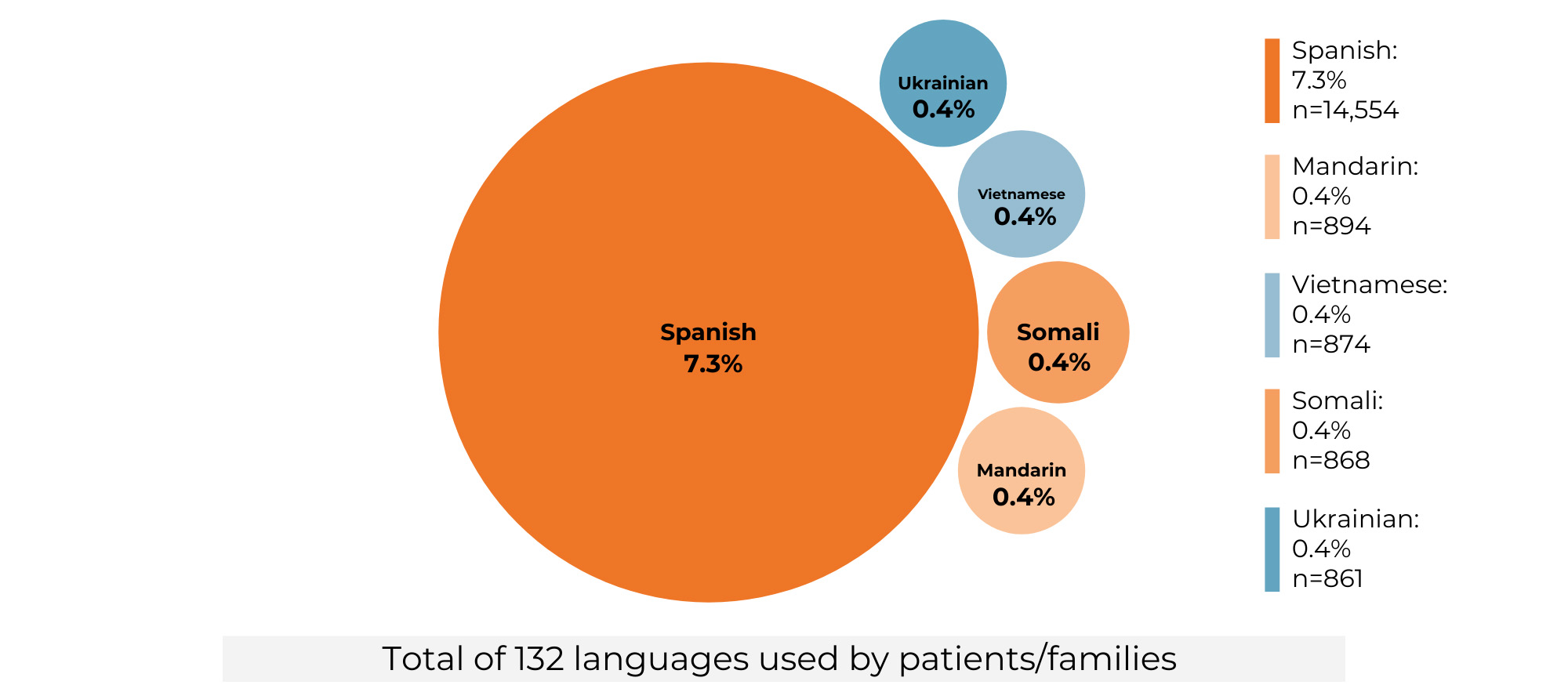 A chart with Spanish at 7.3%, Ukrainian at 0.4%, Vietnamese at 0.4%, Somali at 0.4% and Mandarin at 0.4%. Text below the chart reads "Total of 132 languages used by patients/families".